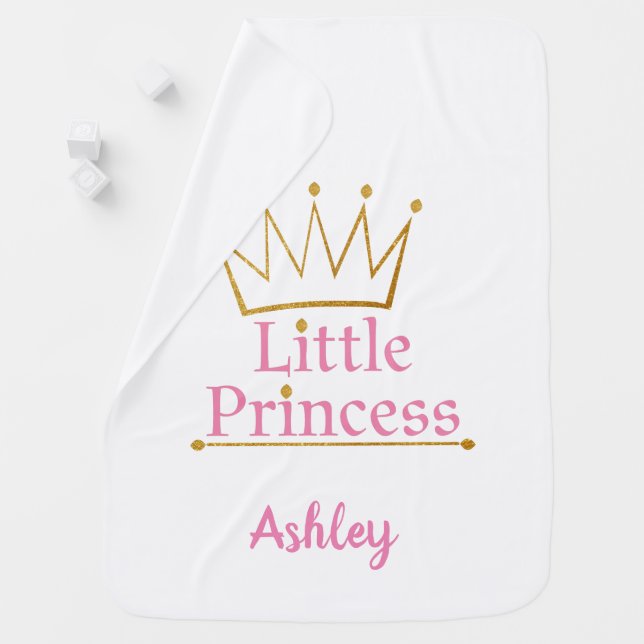 Little Princess Pink text and Gold Crown Baby Blanket (In Situ)
