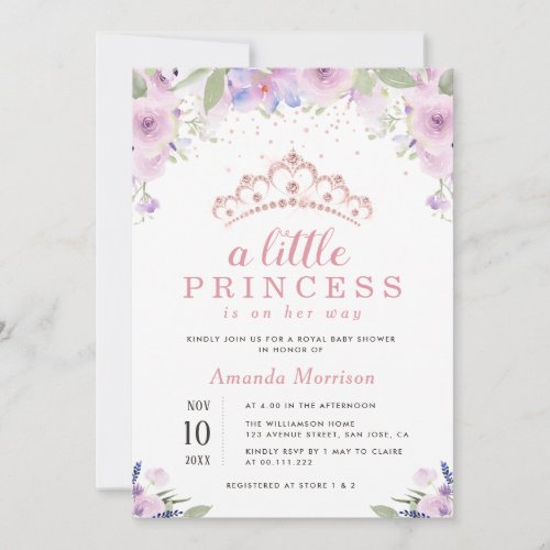 little princess purple floral baby shower invitation