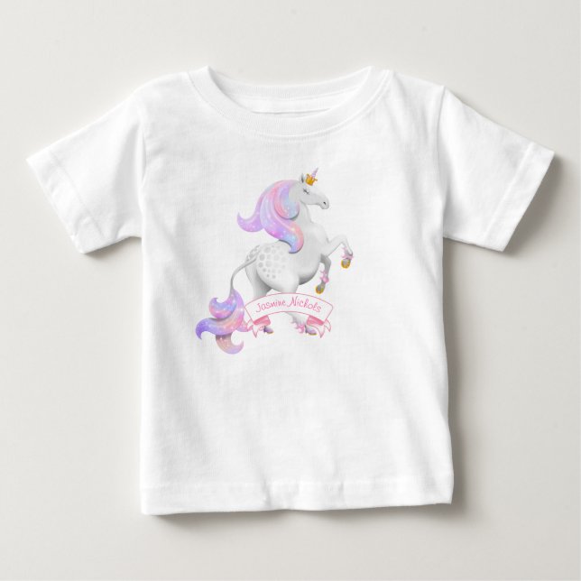 Little Princess Rearing Unicorn with Crown Flowers Baby T-Shirt (Front)