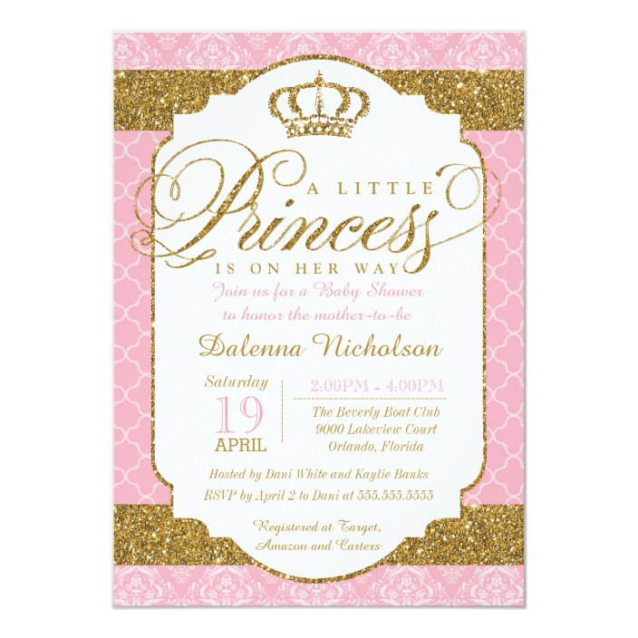 pink and gold princess baby shower invitations