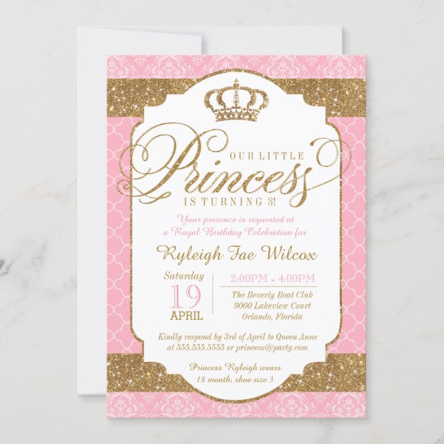 Little Princess Royal Pink and Gold Birthday Invitation (Front)