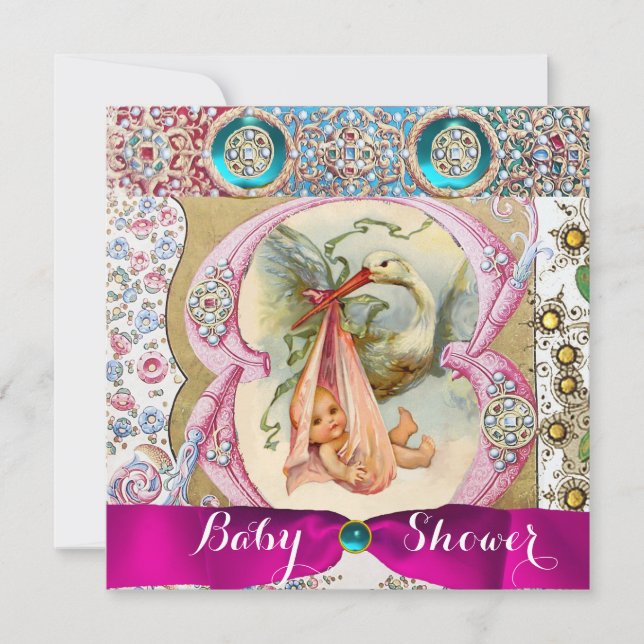 LITTLE PRINCESS STORK BABY SHOWER,FLORAL GEMSTONES INVITATION (Front)