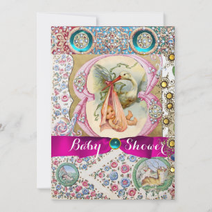 LITTLE PRINCESS STORK BABY SHOWER,FLORAL GEMSTONES INVITATION