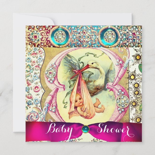 LITTLE PRINCESS STORK BABY SHOWER,FLORAL GEMSTONES INVITATION (Front)