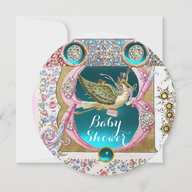 LITTLE PRINCESS STORK BABY SHOWER,FLORAL GEMSTONES INVITATION (Front)