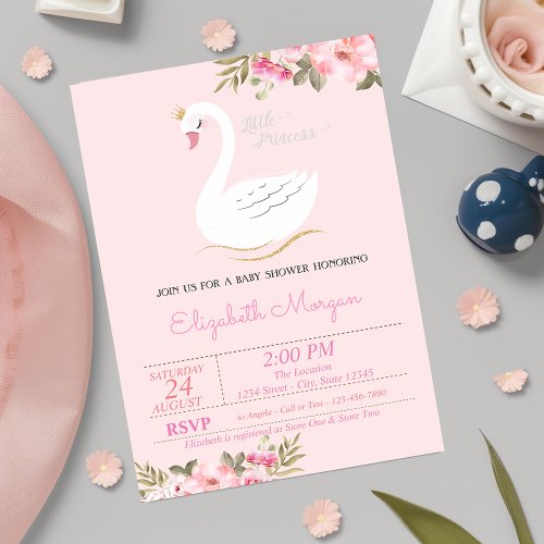 Little Princess Swan Floral Baby Shower Invitation