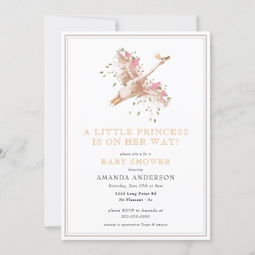 Little Princess Swan Floral Girl Pink Baby Shower Invitation