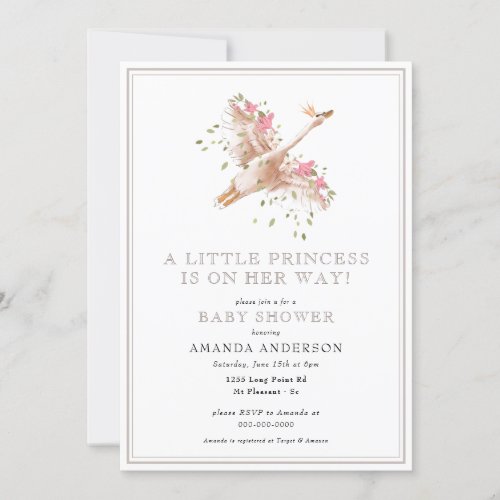 Little Princess Swan Floral Girl Pink Baby Shower  Invitation