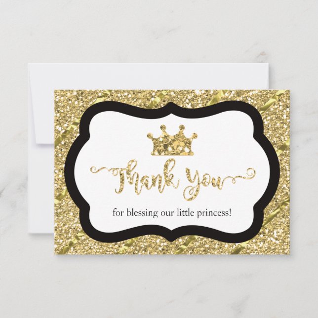 Little Princess Thank You Card, Black Faux Glitter (Front)