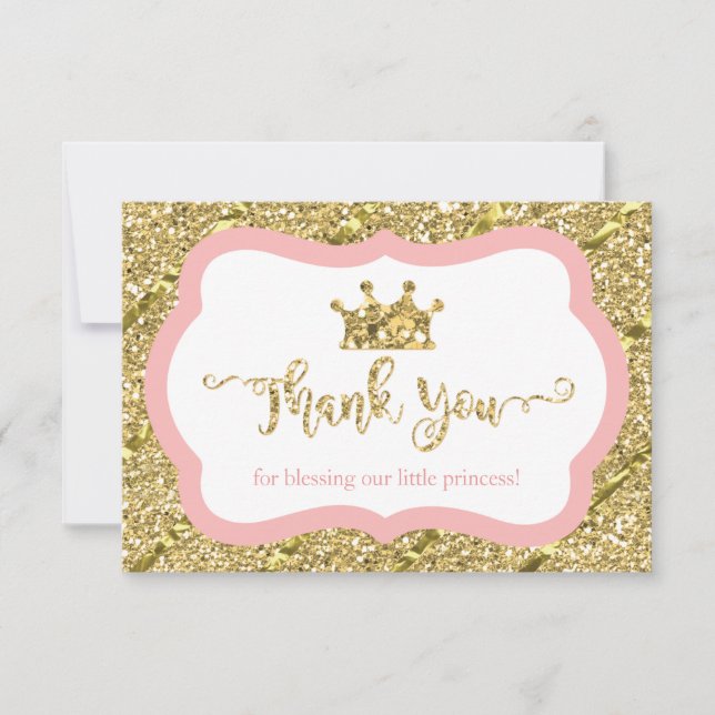 Little Princess Thank You Card, Pink, Faux Glitter Card (Front)