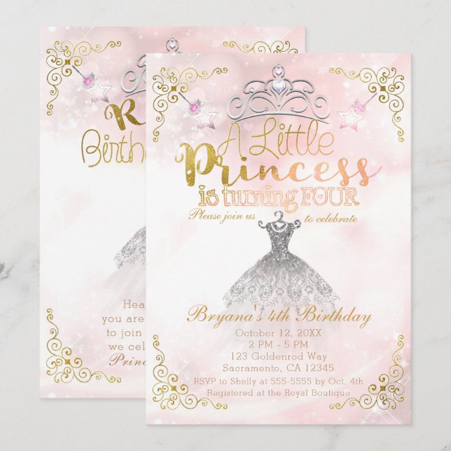 Little Princess turning FOURTH 4TH Birthday Party Invitation (Front/Back)
