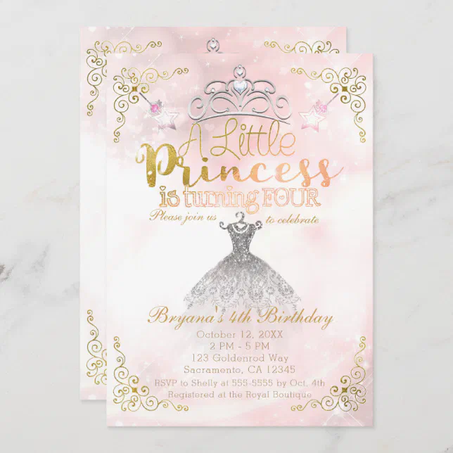 Little Princess turning FOURTH 4TH Birthday Party Invitation | Zazzle