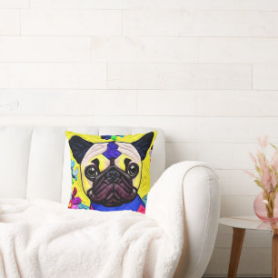 Little Pug Puppy Quilt Like Design Throw Pillow