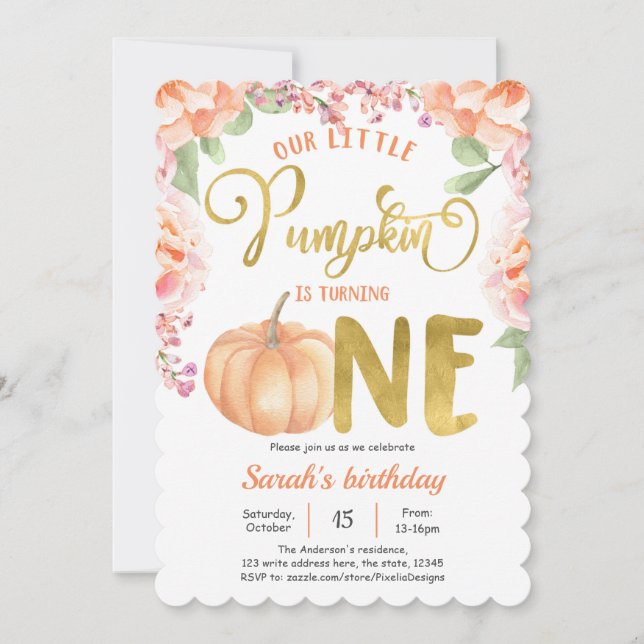 Little Pumkin Girl 1st birthday Autumn Floral  Invitation (Front)