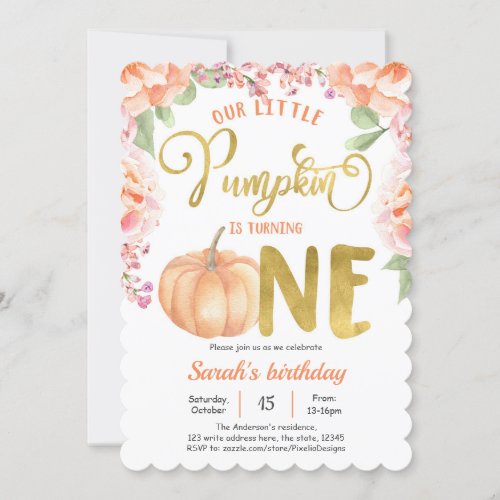 Little Pumkin Girl 1st birthday Autumn Floral  Invitation