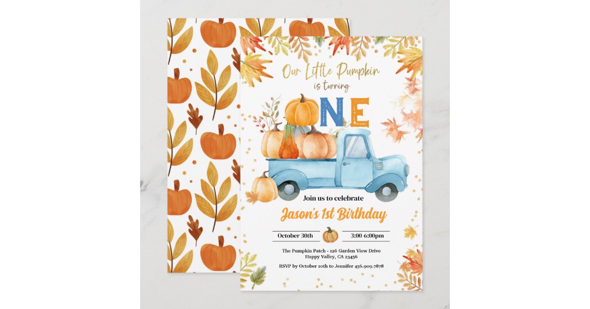 Little Pumpkin 1st Birthday Party Boy Blue Truck Invitation | Zazzle