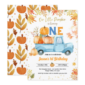 Little Pumpkin 1st Birthday Party Boy Blue Truck Invitation