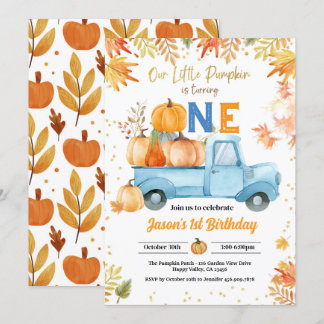 Little Pumpkin 1st Birthday Party Boy Blue Truck Invitation