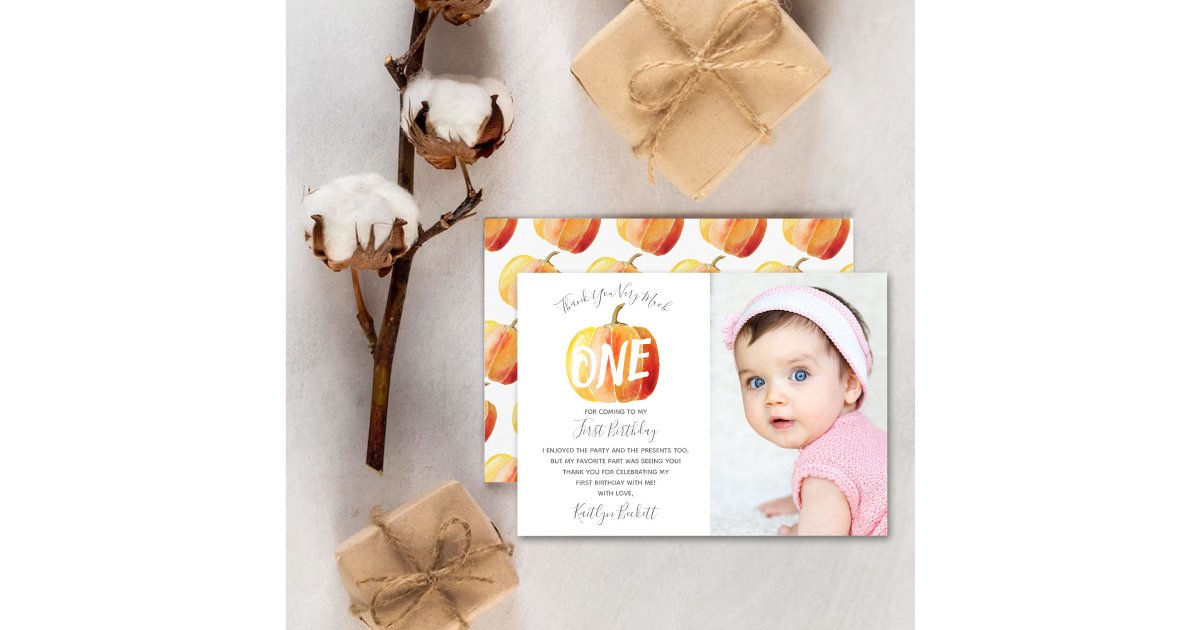 Little Pumpkin 1st Birthday Photo Thank You Card | Zazzle