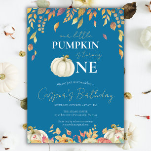 Little Pumpkin 1st Birthday Watercolor Fall Blue Invitation