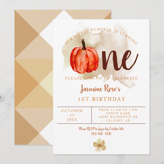 Little Pumpkin 1st Birthday Watercolor Orange Fall Invitation (Front/Back)