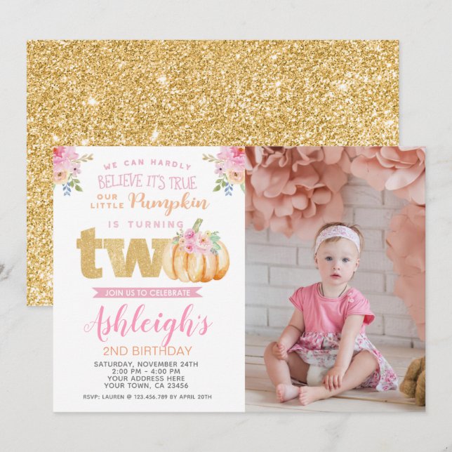 Little Pumpkin 2nd Birthday Invitation with Photo (Front/Back)