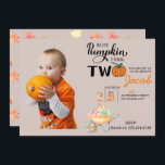 Little Pumpkin 2nd Birthday Kids Birthday Party In Invitation<br><div class="desc">Little Pumpkin 2nd Birthday Kids Birthday Party Invitation featuring watercolor pumpkins and fall leaves on the back. Easily personalize with photo and birthday details.</div>