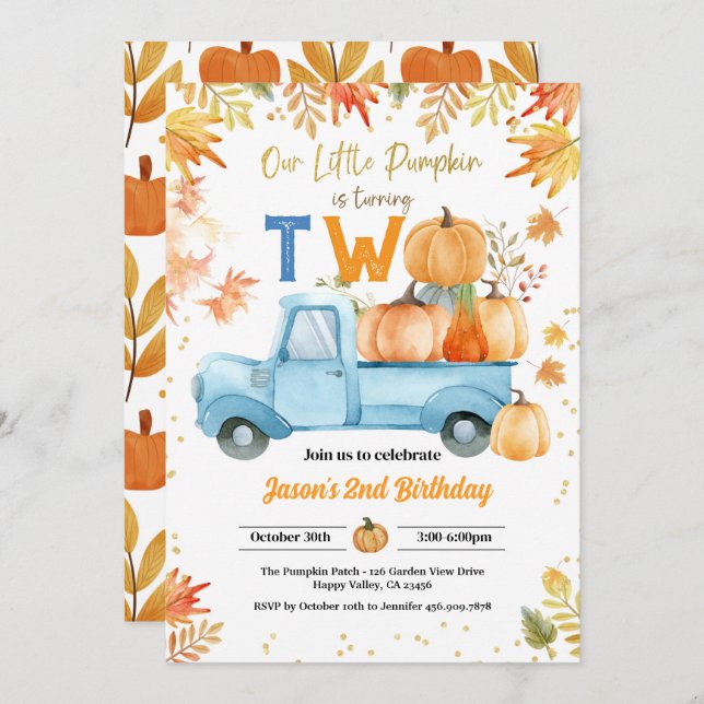 Little Pumpkin 2nd Birthday Party Boy Blue Truck Invitation (Front/Back)