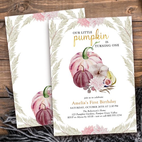 Little Pumpkin and Pampas Grass Girls Birthday Invitation