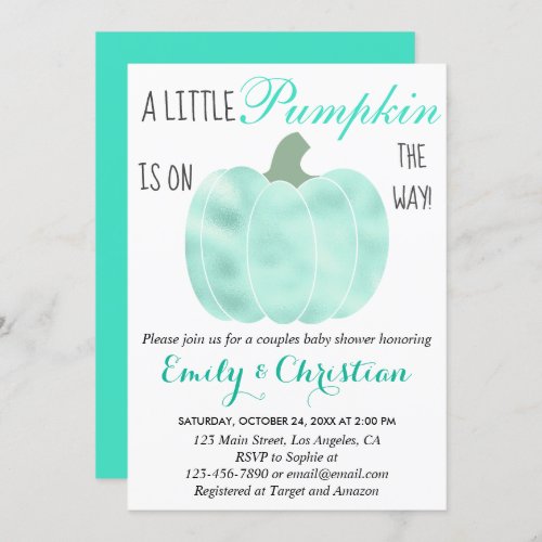 Little Pumpkin Aqua Turquoise Shimmer Baby Shower Invitation