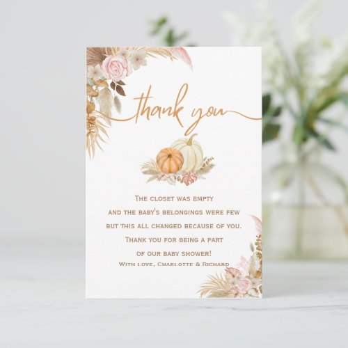 Little Pumpkin Autumn Boho Fall Floral Baby Shower Thank You Card