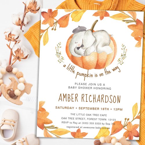Little Pumpkin Autumn Elephant Boy Baby Shower Invitation