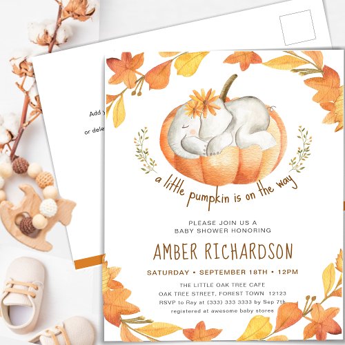 Little Pumpkin Autumn Elephant Girl Baby Shower Invitation Postcard
