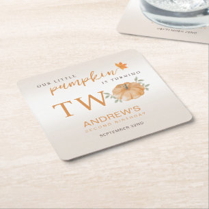 Little Pumpkin Autumn Fall 2nd Birthday Square Paper Coaster