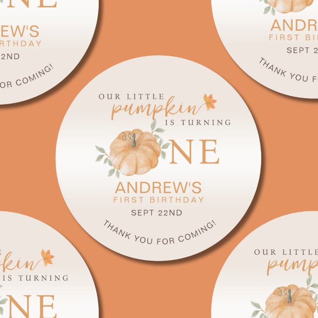 Little Pumpkin Autumn Fall First 1st Birthday Classic Round Sticker (Creator Uploaded)