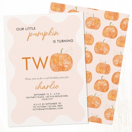 Little Pumpkin Autumn Fall Second 2nd Birthday Invitation