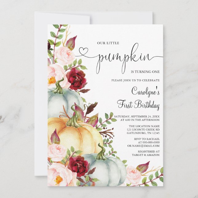 Little Pumpkin Autumn Floral Birthday Invitation (Front)