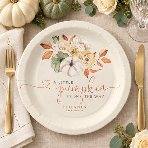 Little Pumpkin Autumn Floral Cream Baby Shower Paper Plates