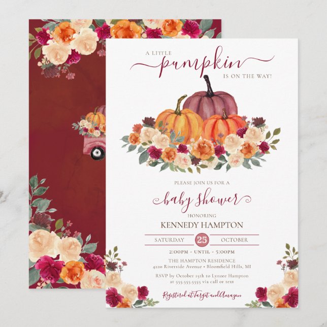 Little Pumpkin Autumn Floral Fall Baby Shower Invitation (Front/Back)