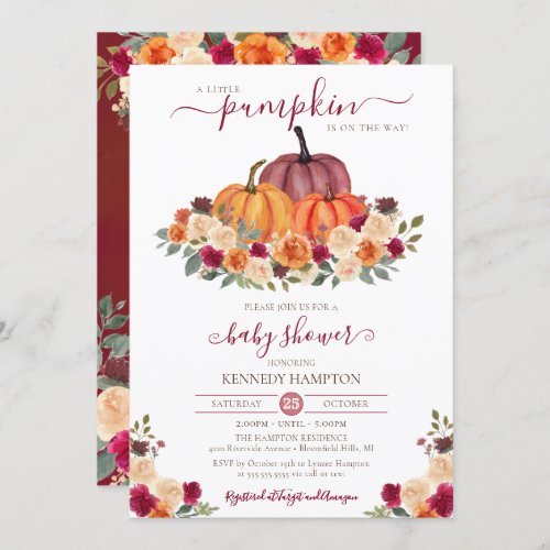Little Pumpkin Autumn Floral Fall Baby Shower Invitation