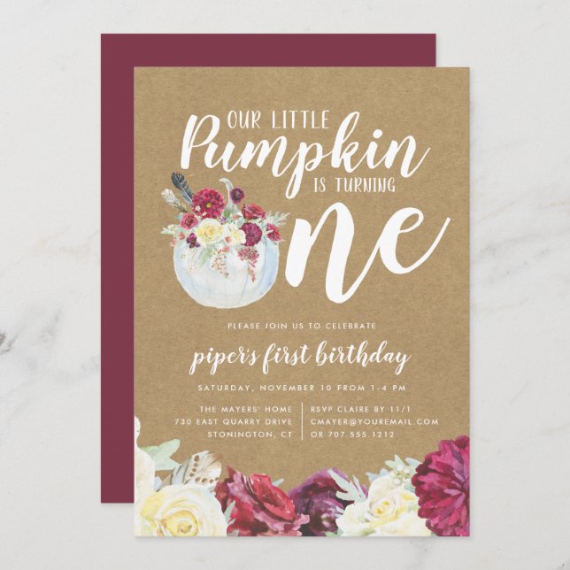 Little Pumpkin Autumn Floral First Birthday Party Invitation (Front/Back)