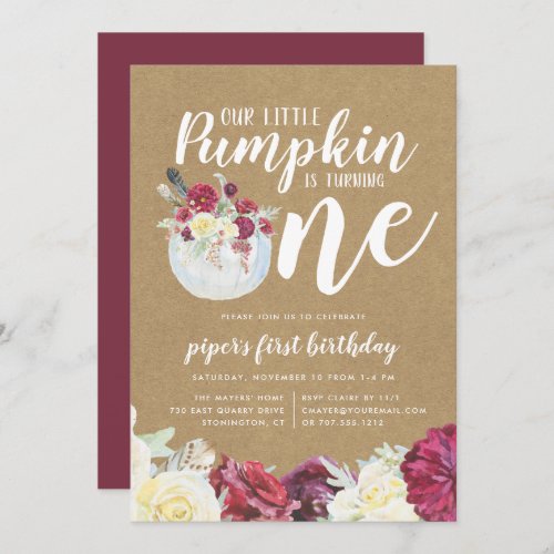 Little Pumpkin Autumn Floral First Birthday Party Invitation