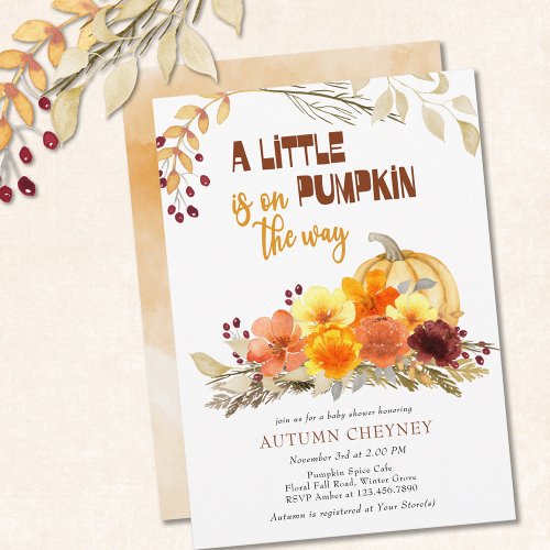 Little Pumpkin Autumn Flowers Baby Shower Invitation