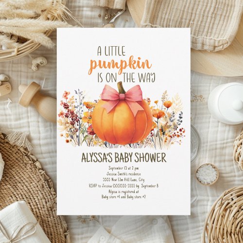 Little Pumpkin Autumn Flowers Girl Baby Shower Invitation