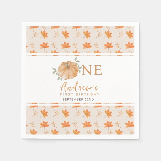 Little Pumpkin Autumn Leaf Fall  1st Birthday Napkins (Front)