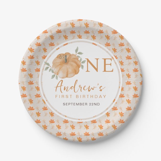 Little Pumpkin Autumn Leaf Fall 1st Birthday Paper Plates (Front)