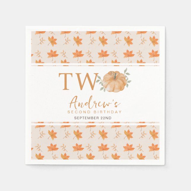 Little Pumpkin Autumn Leaf Fall 2nd Birthday Napkins (Front)