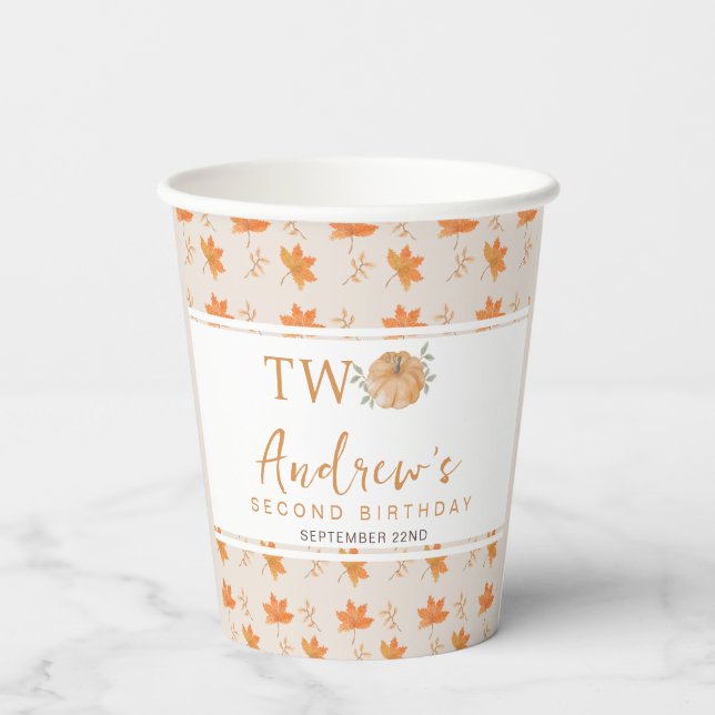 Little Pumpkin Autumn Leaf Fall 2nd Birthday Paper Cups (Back)