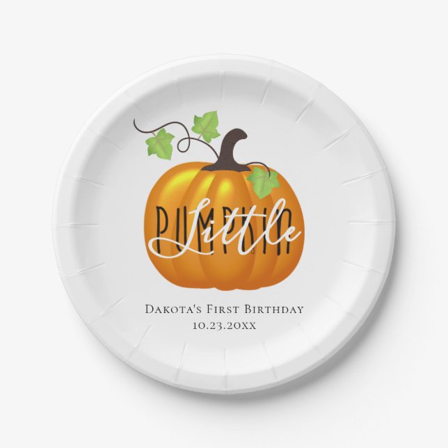Little Pumpkin Autumn Neutral First Birthday Party Paper Plates (Front)