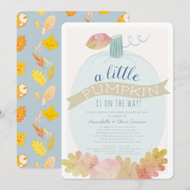 Little Pumpkin Baby Blue Baby Shower by Mail Invitation (Front/Back)